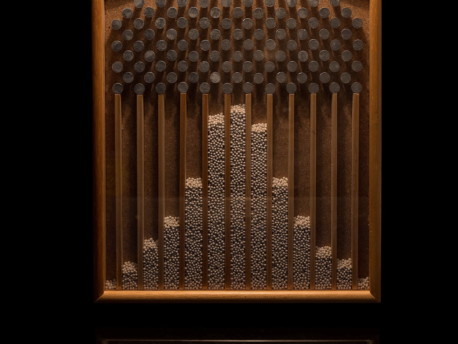 A Galton board: balls bouncing through a grid of pegs accumulate into a bell curve at the bottom. The physical ur-example of a graphical model: local stochastic rules produce a global distribution.