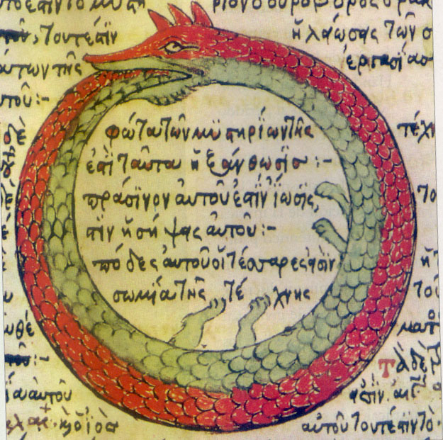 An ouroboros, the snake eating its own tail, from a 1478 drawing by Theodoros Pelecanos in the alchemical treatise Synosius. Public domain.